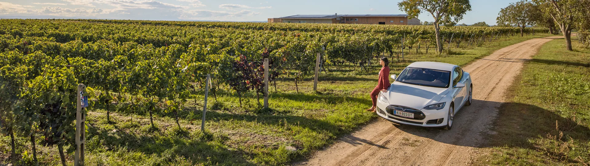 Woman with e-car in a field